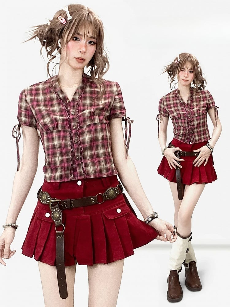 Plaid Sleeves Ruffles Trim Pattern Shirt V-neck Y2K Short RedBrown