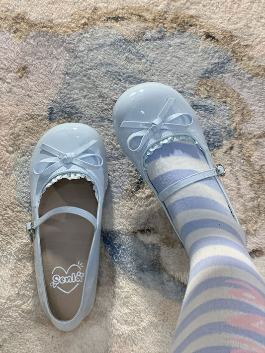 Trim Flats PU Schleife Blau Baby an Spitze Geknotet Leder Süße Top