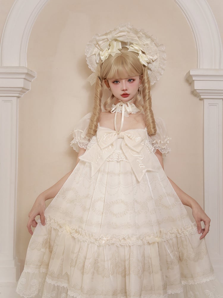 Sleeves Embroidered Print Bow Cream Neckline Dress Puff Lolita White Big Creamy