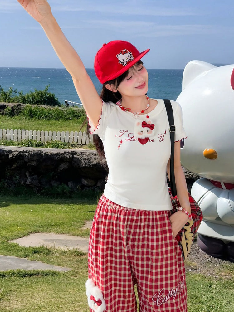 Pants with Kitty Plushie Red Plaid Elastic Waist Wide-Leg Casual