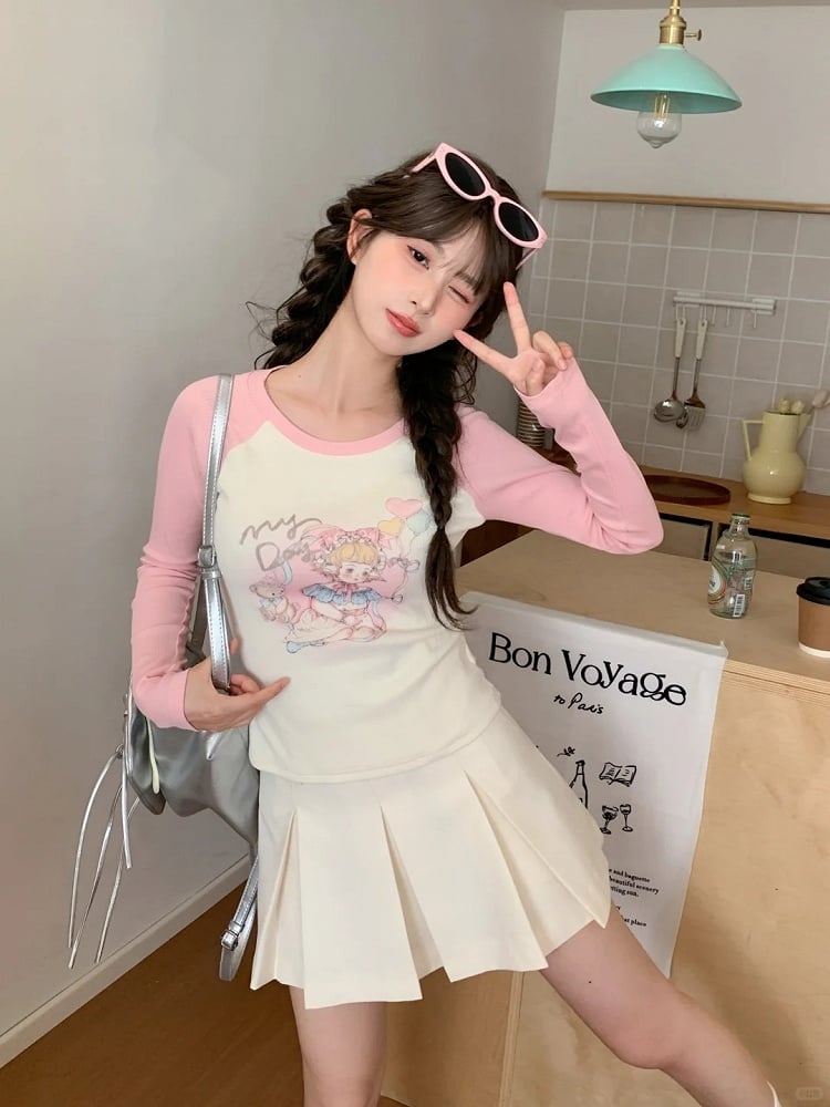 Top and Pink Slim-fitting Cartoon Girl Print Apricot Colorblock Design