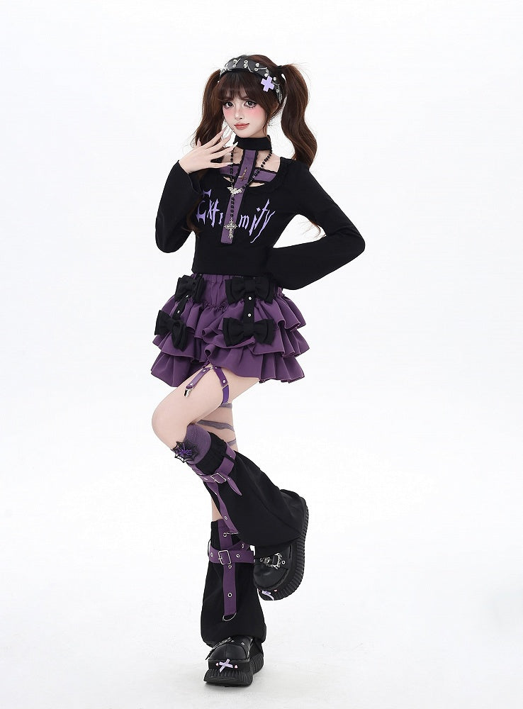 Top and All-in-one Gothic Black/Purple Bell Sleeves Cross Design Choker