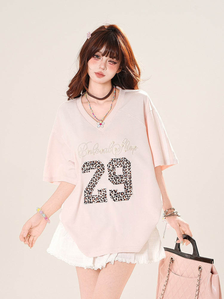 Pink Beaded Letter Leopard Pattern Number V-Neck T-Shirt