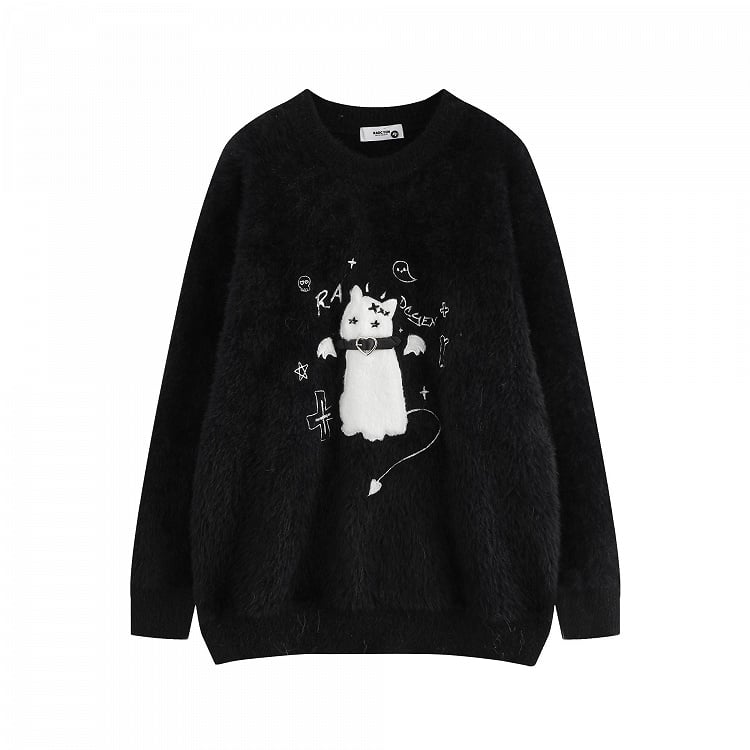 Detail Cat Belt Sweater Collar Knit Flocked Embroidery - Kawaii White/Black