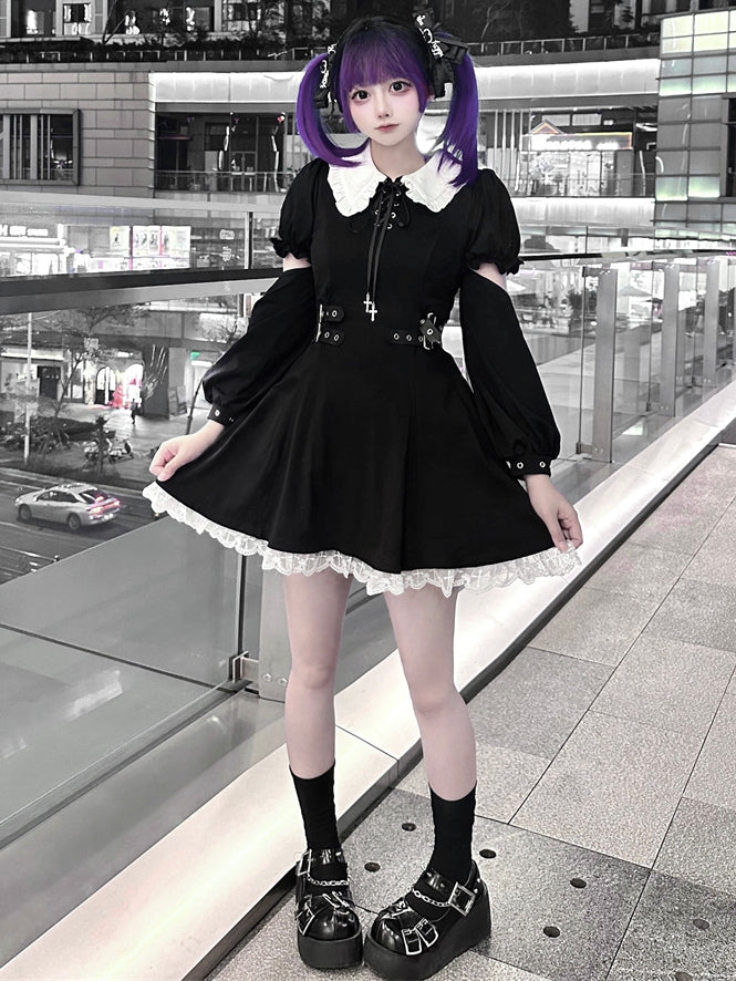 Robe noire Jirai Kei à manches détachables et bretelles à boucle à la taille, style mines terrestres