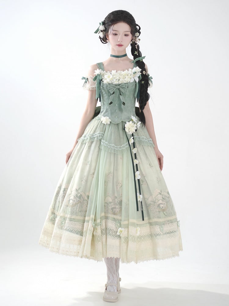 Decoration Set Jasmine Print Top Green Skirt Lolita Corset Classic Long Floral +