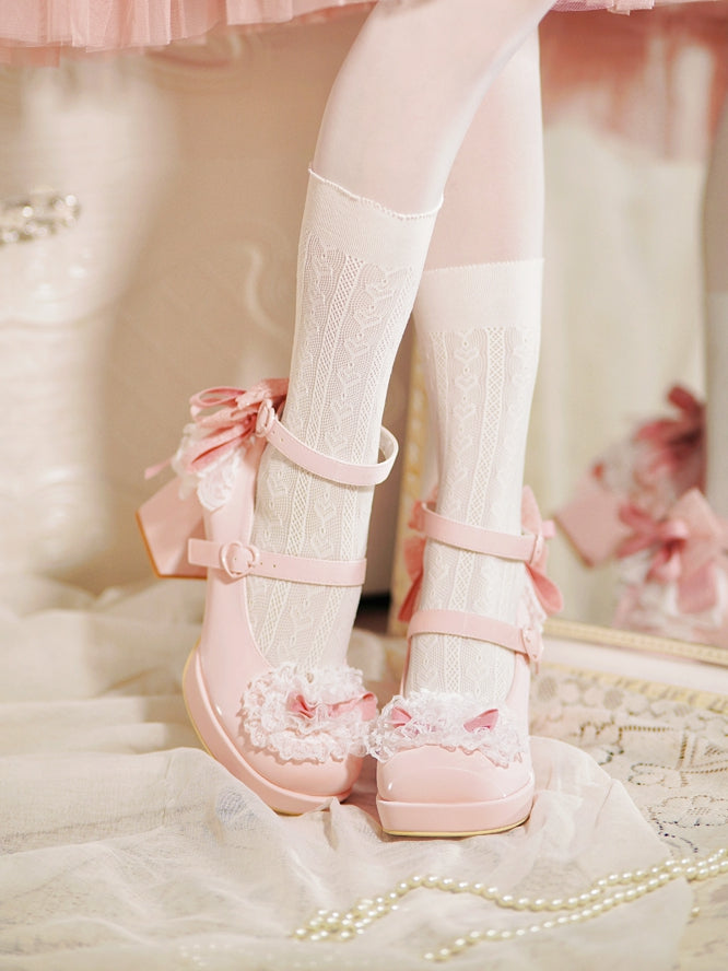 Rosa High Trim Lace Heels Herz Top Schleife an Block Schnallen geknotet