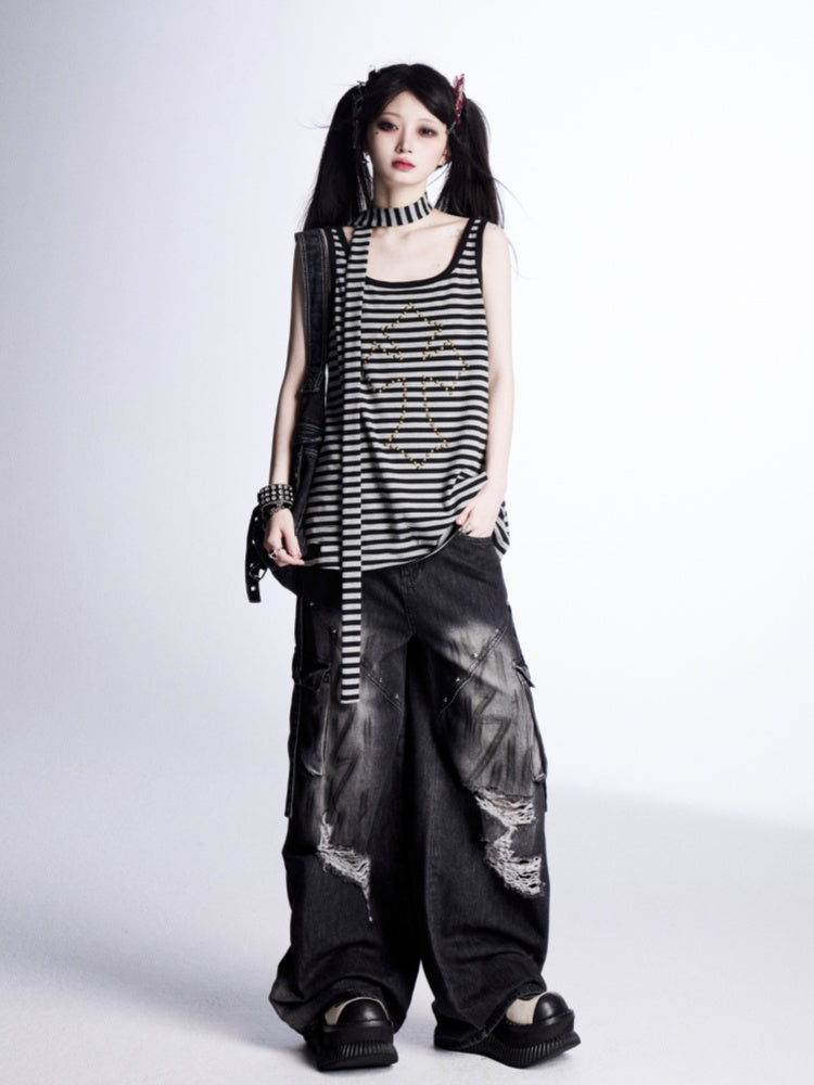 with Free Black and Gray Stripes Studded Cross Vintage Scarf Tank Top