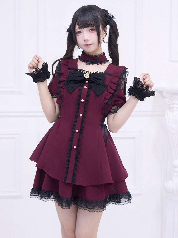 Black Trim Dress Side Kei Set: Lace-up Wine and with Red Matching Lace Mini Skirt Jirai