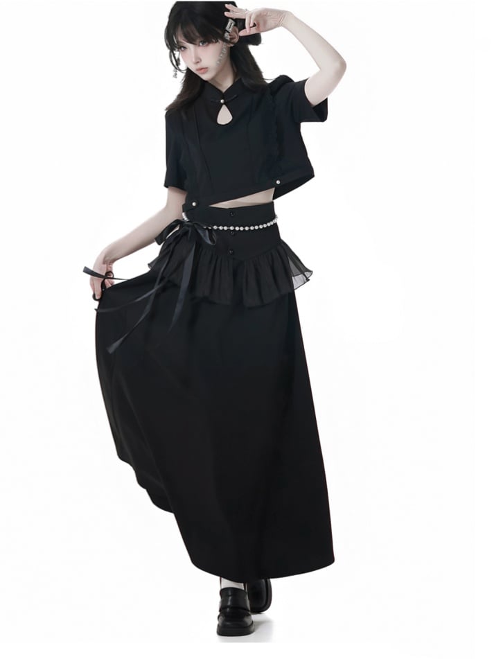 Black Cheongsam Waist Chain Corset Belt Set Free Style Long Skirt with Flounce Beaded Hem