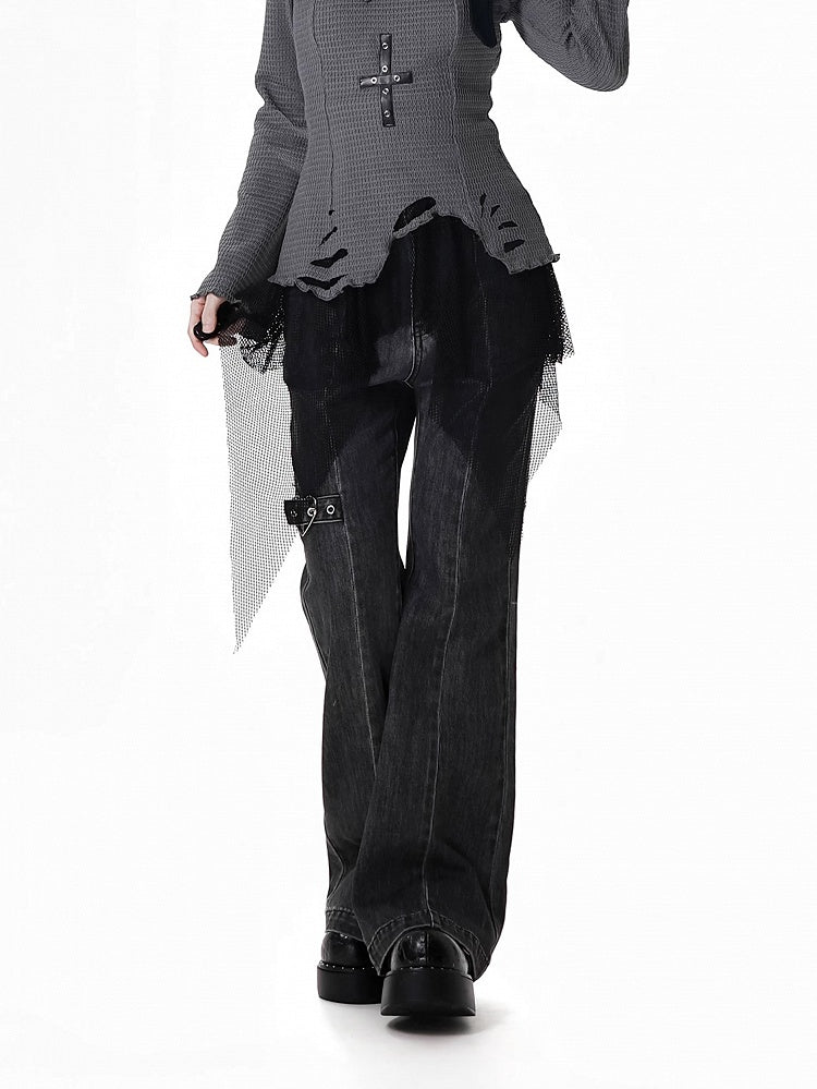 Detail Faded Wash Distressed Gray Flared Jeans Heart Buckle