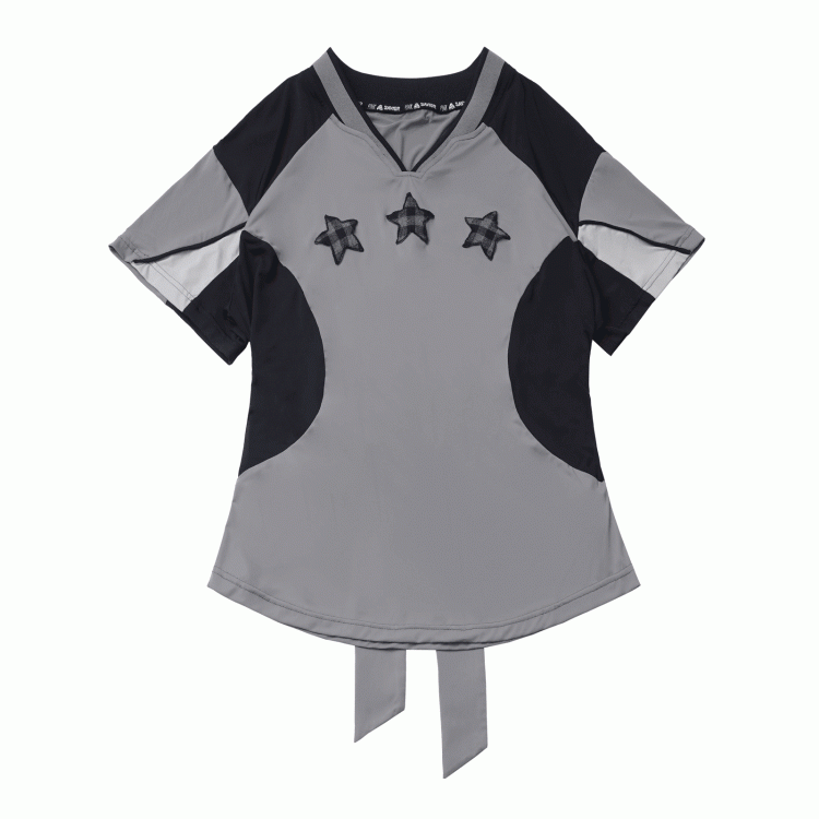 T-shirt Star Appliques V-neck Sports Colorblock Design Plaid Black/Gray