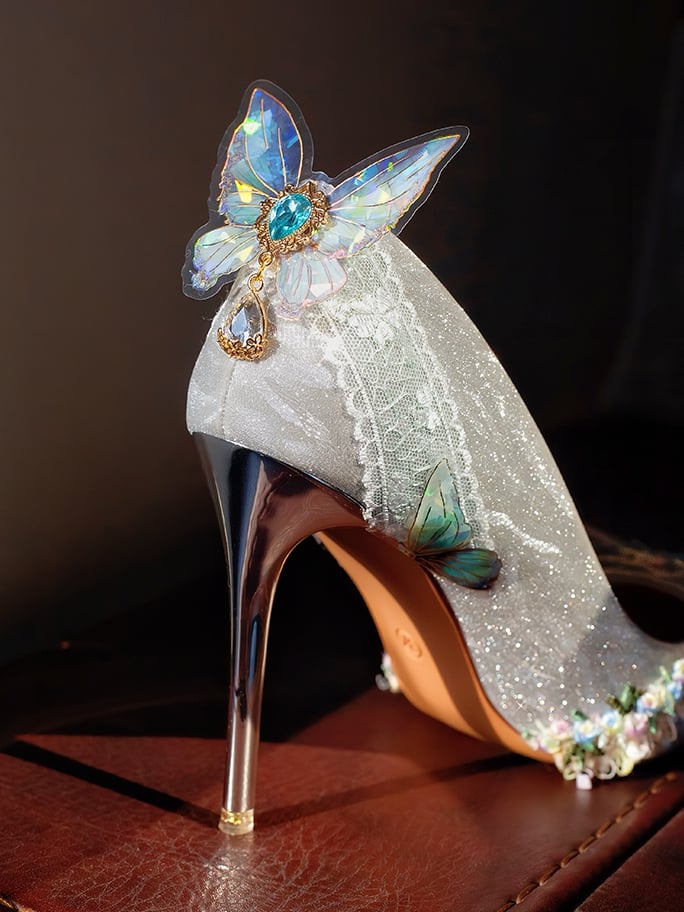 Silver 7.5CM/10.5CM Details Pointed Decorated Heels High Butterfly Toe Rhinestone