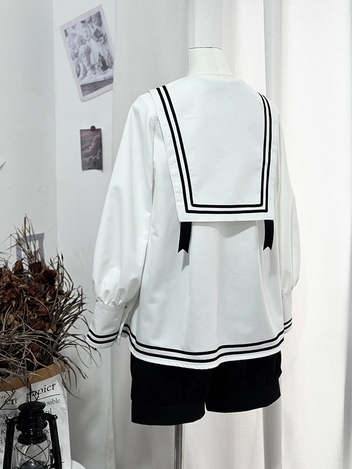 Shirt Sailor White and Collar Long Sleeves Black Shorts