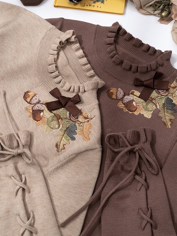 Lace-up Brown Pinecone Knit Cuffs Top Neckline Embroidery Autumn