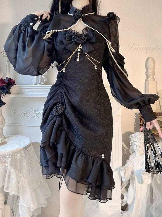 Bead Jacquard Ruffle Camellia Black Lolita Mermaid Decoration Detail JSK Rose Hemline