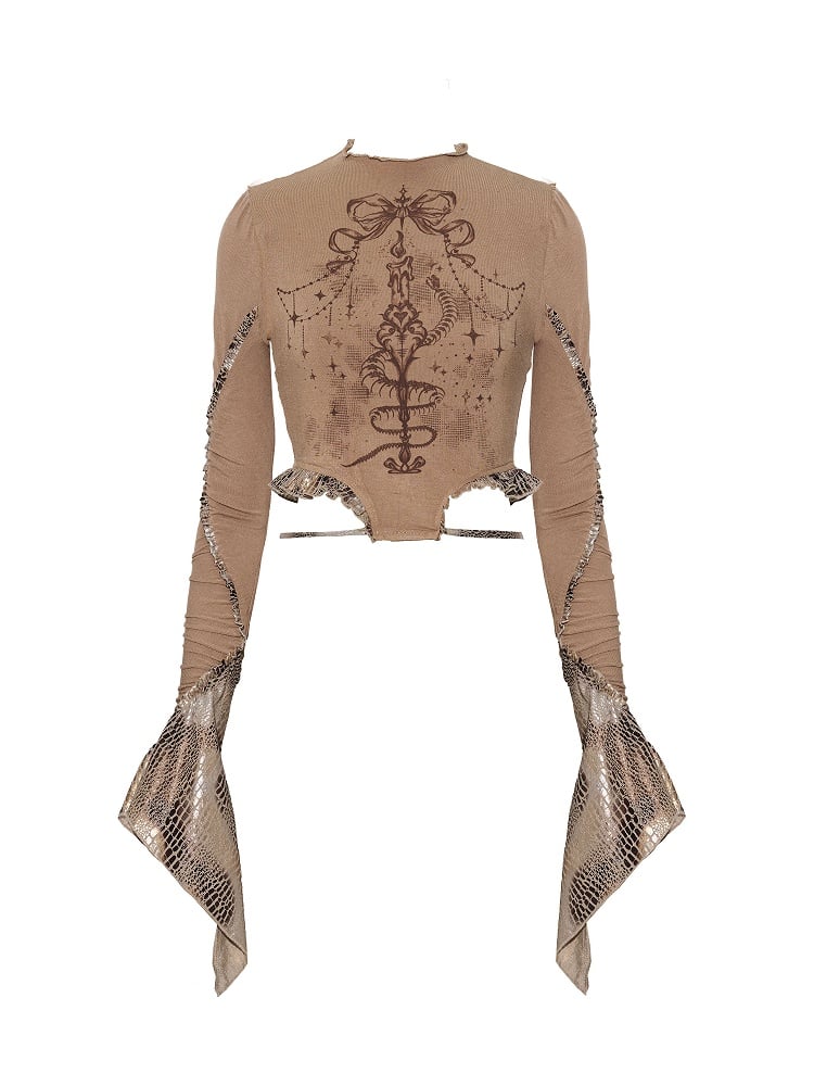 Sleeves Top Print Snakeskin Bell Pattern Design Wasteland Brown Punk