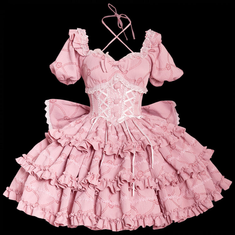 Back Ruffle Big at Bow Clearance Skirt Size Lolita Waist Dress Princess Bust 86-96CM OP M with for Corset - Pink