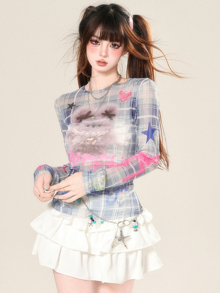 Blue And Glamorous Top Print Pattern Long Sleeves Letter Plaid Doll