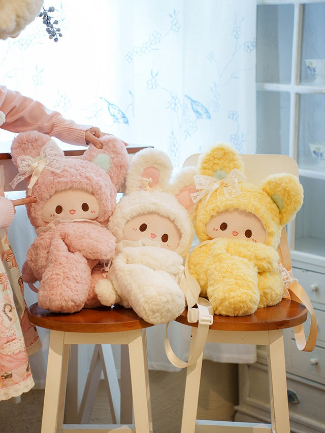 ピンクラビットの蝶結びレースディテールのぬいぐるみバックパック ミドル/ラージサイズ