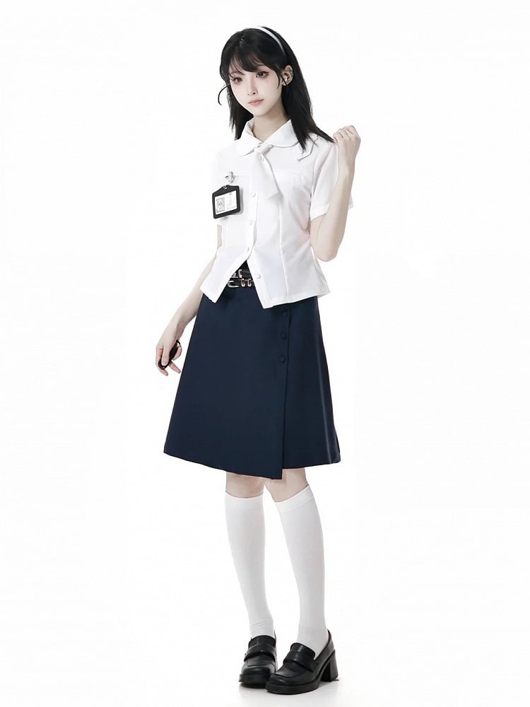 Uniform Navy Blue JK Knee-length Skirt with Double Buckle Belt