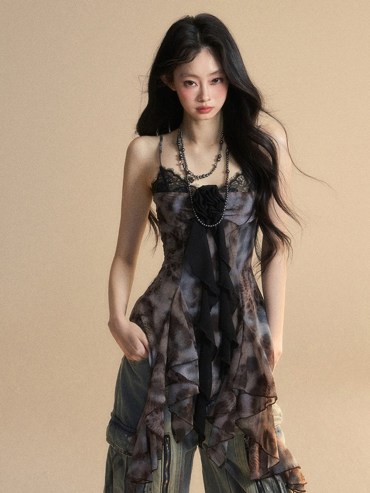 Black Asymmetrical Flounce Hem Floral Embellished Glamorous Cami Top