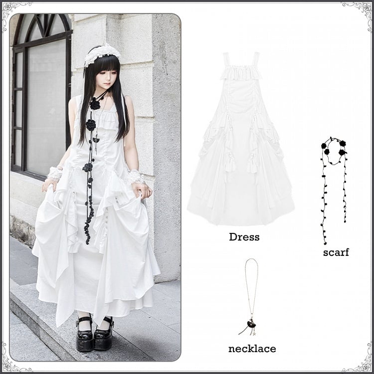 + Drawstring Design Necklace White Goth Ruffles Loose Scarf Dress Cascading