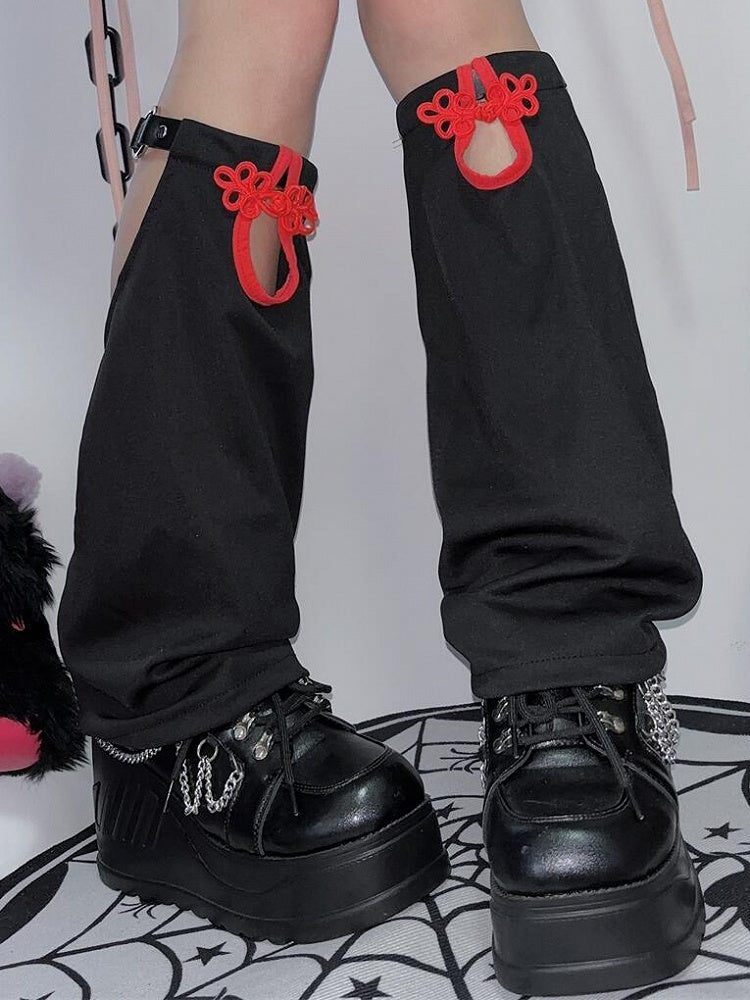 Y2K Warmers Leg BlackRed Knot Button Cheongsam Style