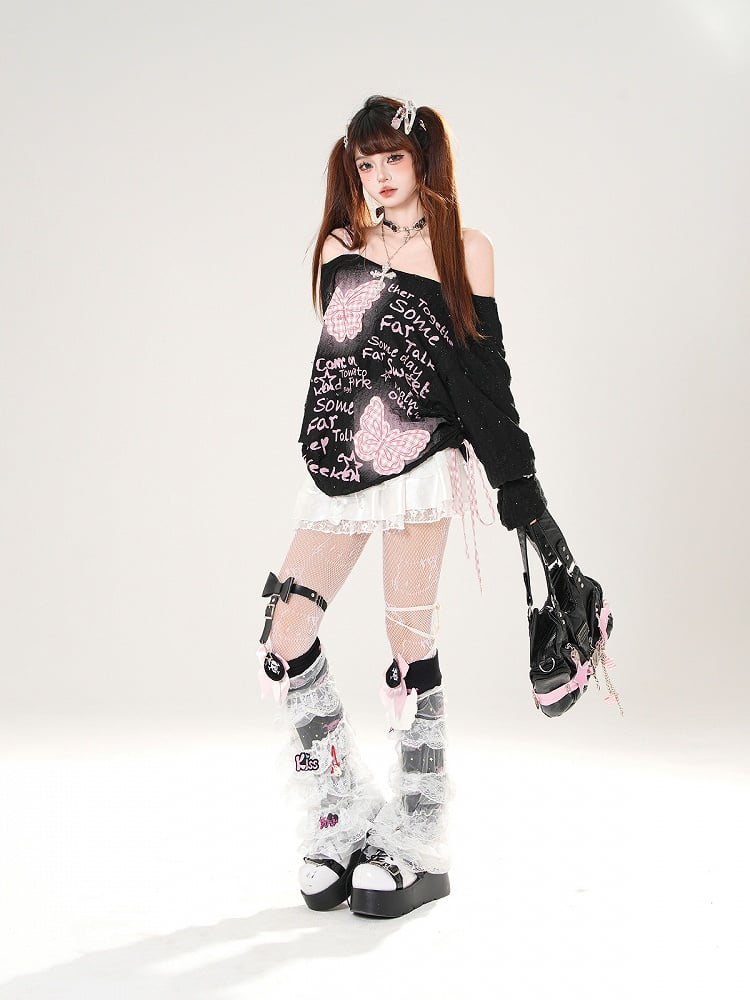 Off-the-shoulder Black/White Pink Plaid Butterfly Appliques