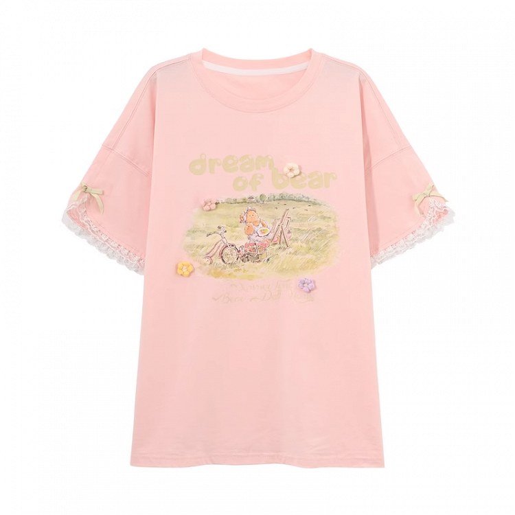 Embroidery Bear Pink Round Neck Oil Painting Letter Print Sweet T-Shirt