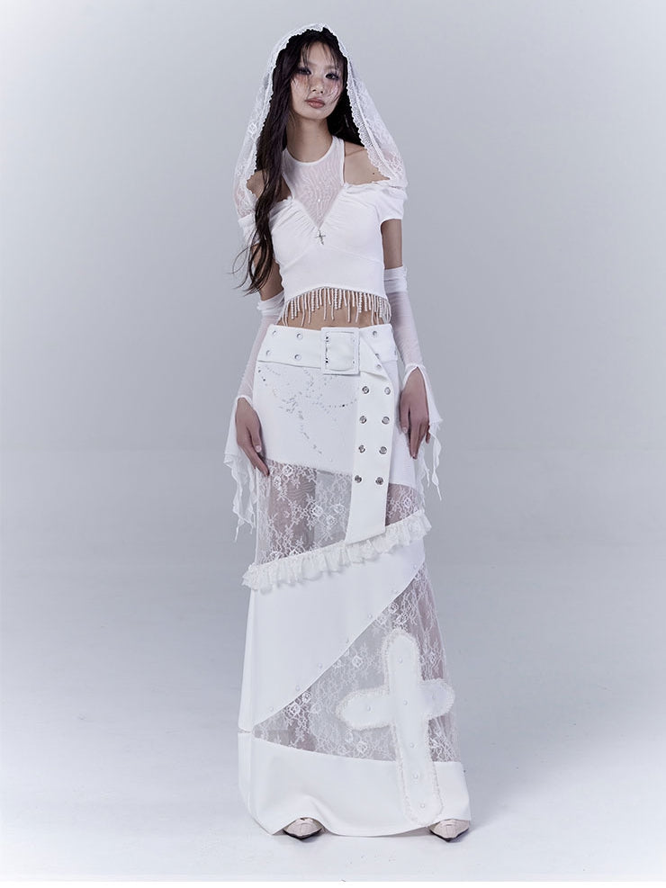 Hood Punk Hem Top with Cropped White Cutout Lace Shoulder Beaded Tassel