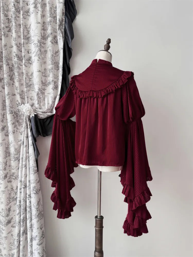 Sleeves Flounce Striped Bell Gothic Blouse Fabric Red