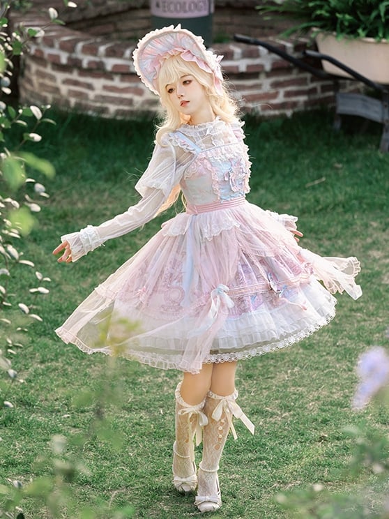 Rosa und blauer Vorhang Tüll Overlay Flying Horse Rock Lolita Jumper Rock