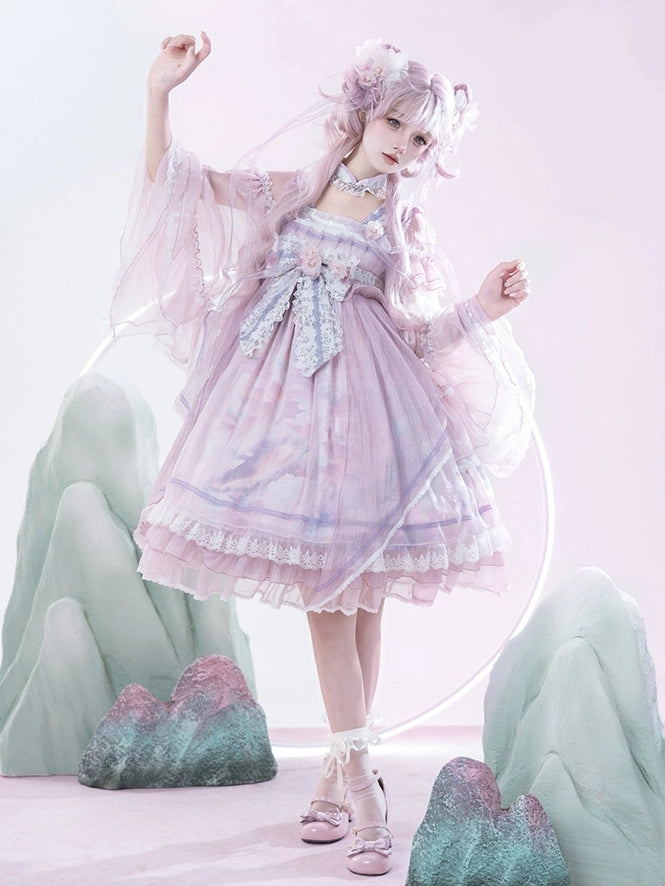Han Bow Lolita Piece Long Pink-Purple Semi-sheer Print Sleeves Big Dress Whale Wide One