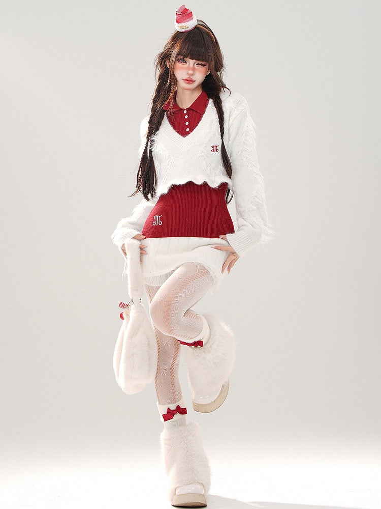 V-neck Mini Top Cropped + Skirt + White Knit White Set Sweater Red
