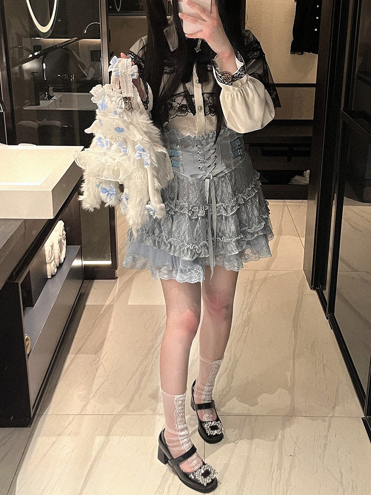 Jupe à volants en dentelle taille haute style mine terrestre avec boucles en forme de cœur bleu Jirai Kei