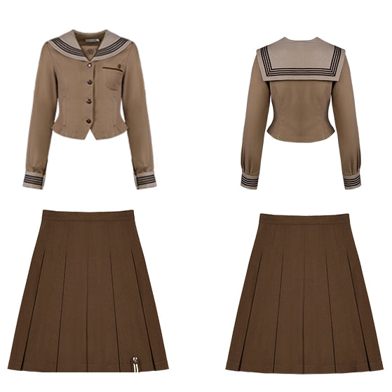 Floral Collar Sailor Embroidery JK Brown Uniform Blouse