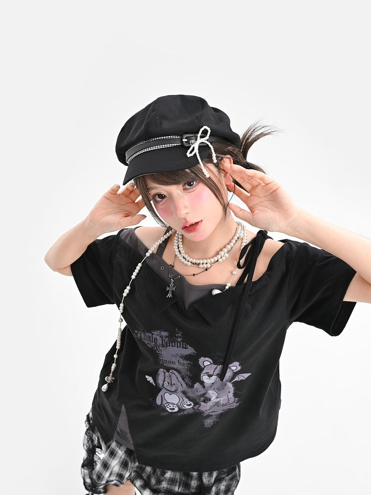 Black Off-the-shoulder Neckline Teddy Bear Print T-Shirt