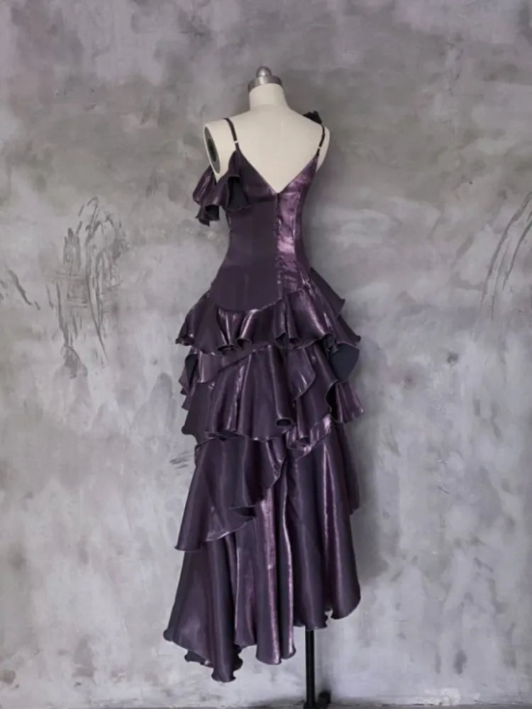 Dark Purple Asymmetrical Layered Flounce Spaghetti Strap Prom Dress Evening Gown