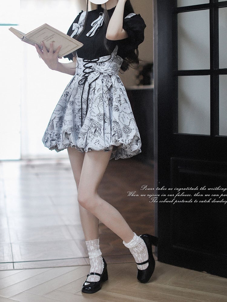 Gray Jacquard Lace-up Waist Overall Bubble Skirt
