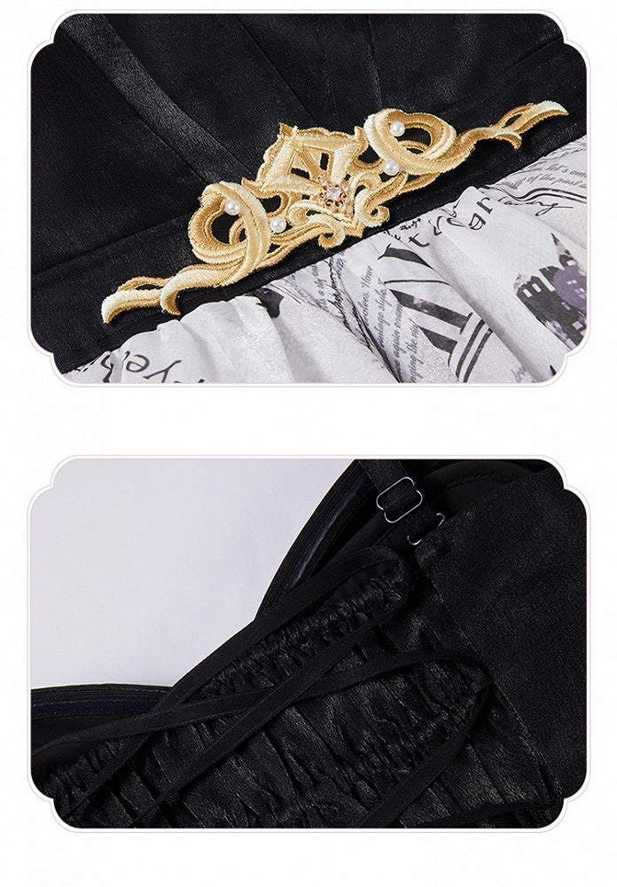 Elegant Skirt Layered Jumper Dress Lolita Print Newspaper Handkerchief