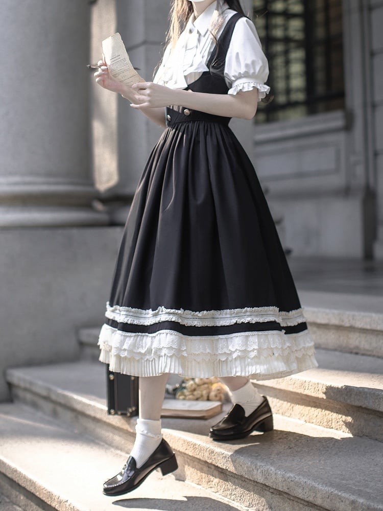 Preppy Style Black High Waist Overall Dress with Beige Lace Trim