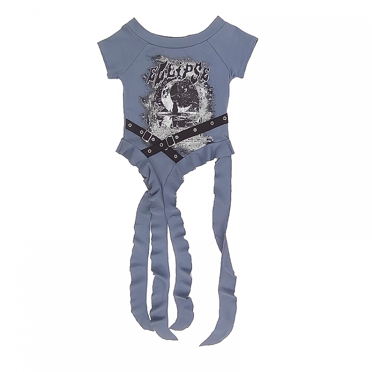 Y2K Blue/Black Criss-cross Design Cascading Ruffle Accents Moon T-shirt Print