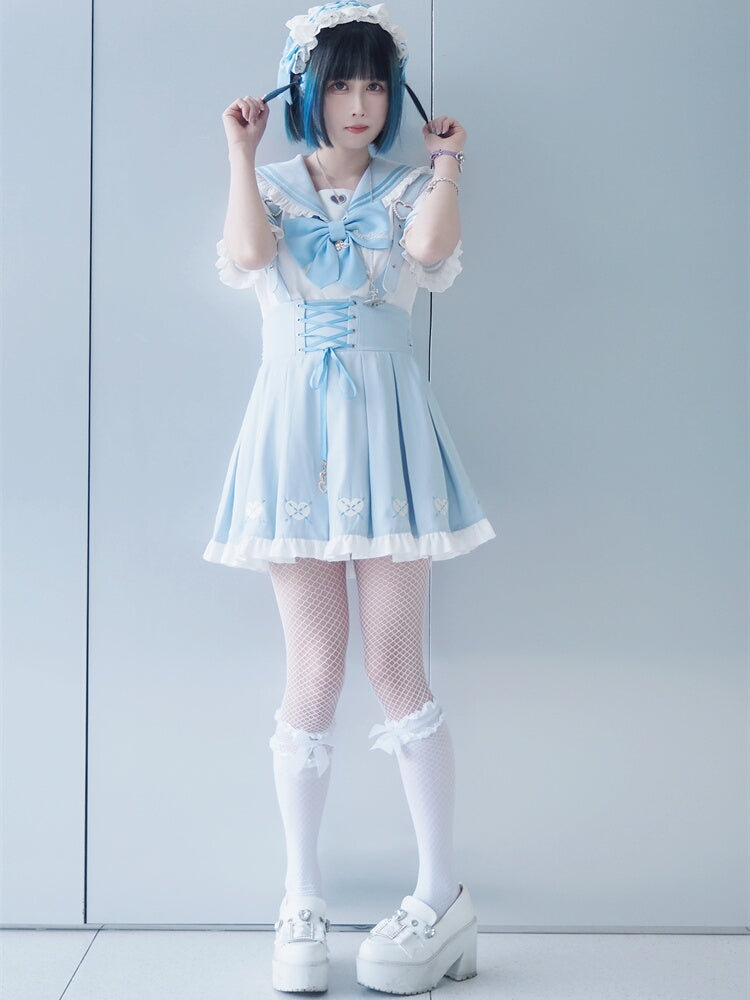Jirai Kei Overalls Light Blue Heart Front Embroidery Lace-up