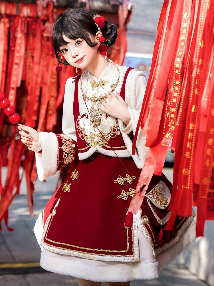 Red New Year Knot Buttons Banded Collar Lolita Dress Vest Tassels Crossbody Bag Full Set
