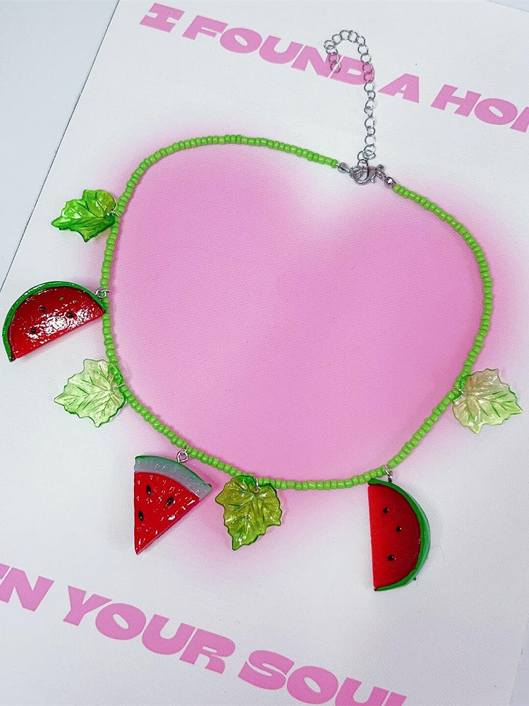Leaf Y2K GreenRed Watermelon Pendant And Necklace