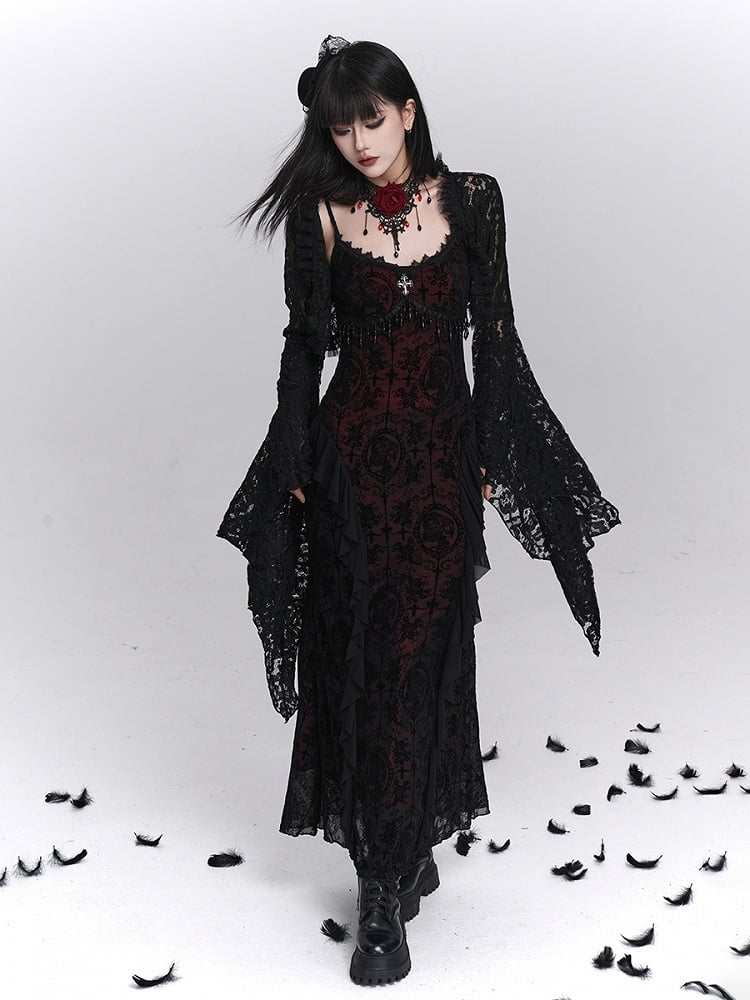 Black Shrug Embroidery Lace Crop Floral with Sleeves Bell Gothic Halloween
