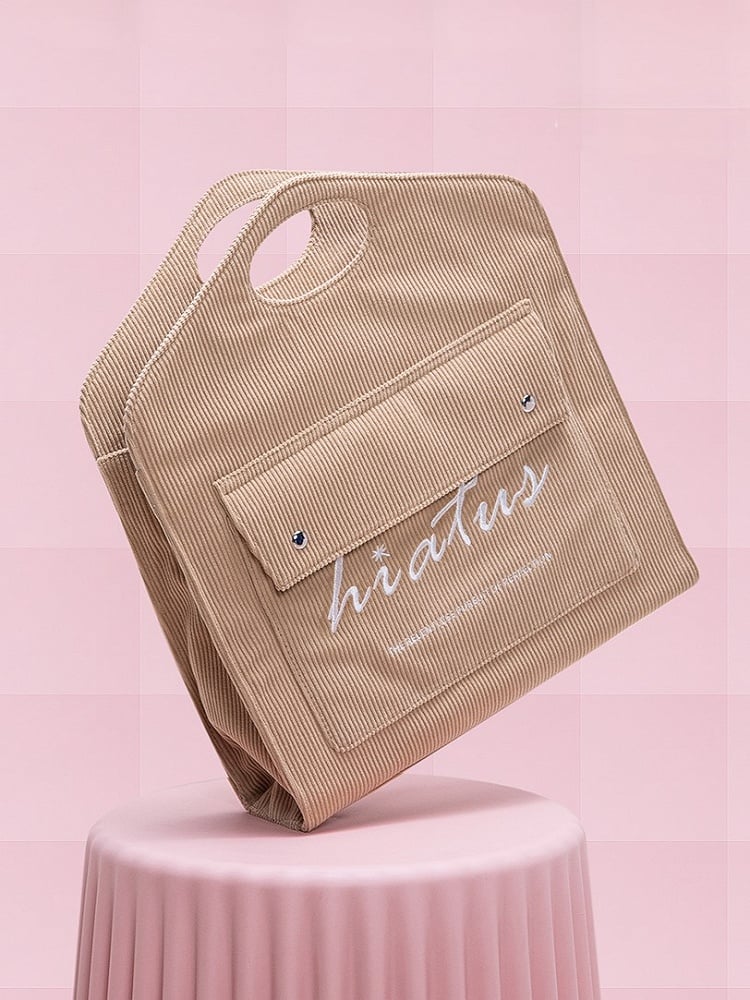 Lightweight With Embroidered Lettering Capacity Brown Corduroy Tote Bag: Large