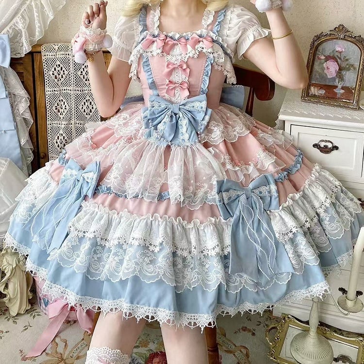 Sweet Lolita Details Bead Pink Detachable Princess Bows Blue and Dress