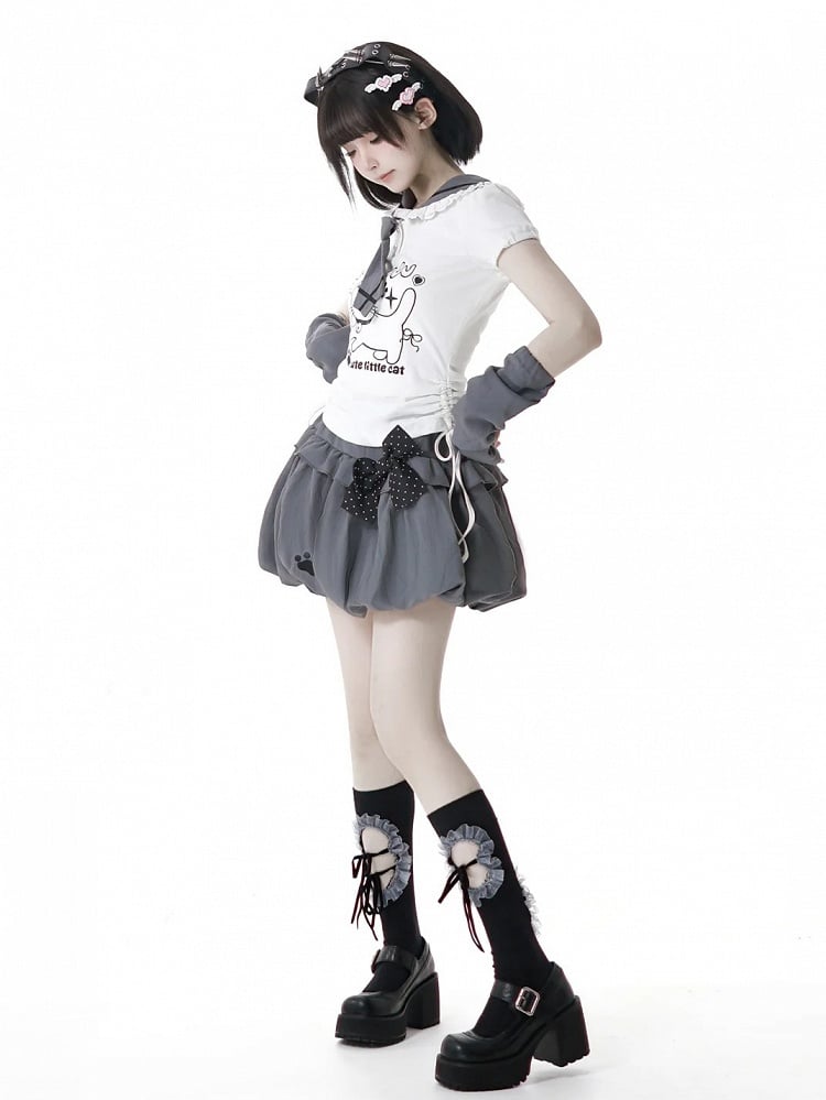 Side Armwear Free Ears with T-shirt Kitty Design Sailor Collar White Drawstring